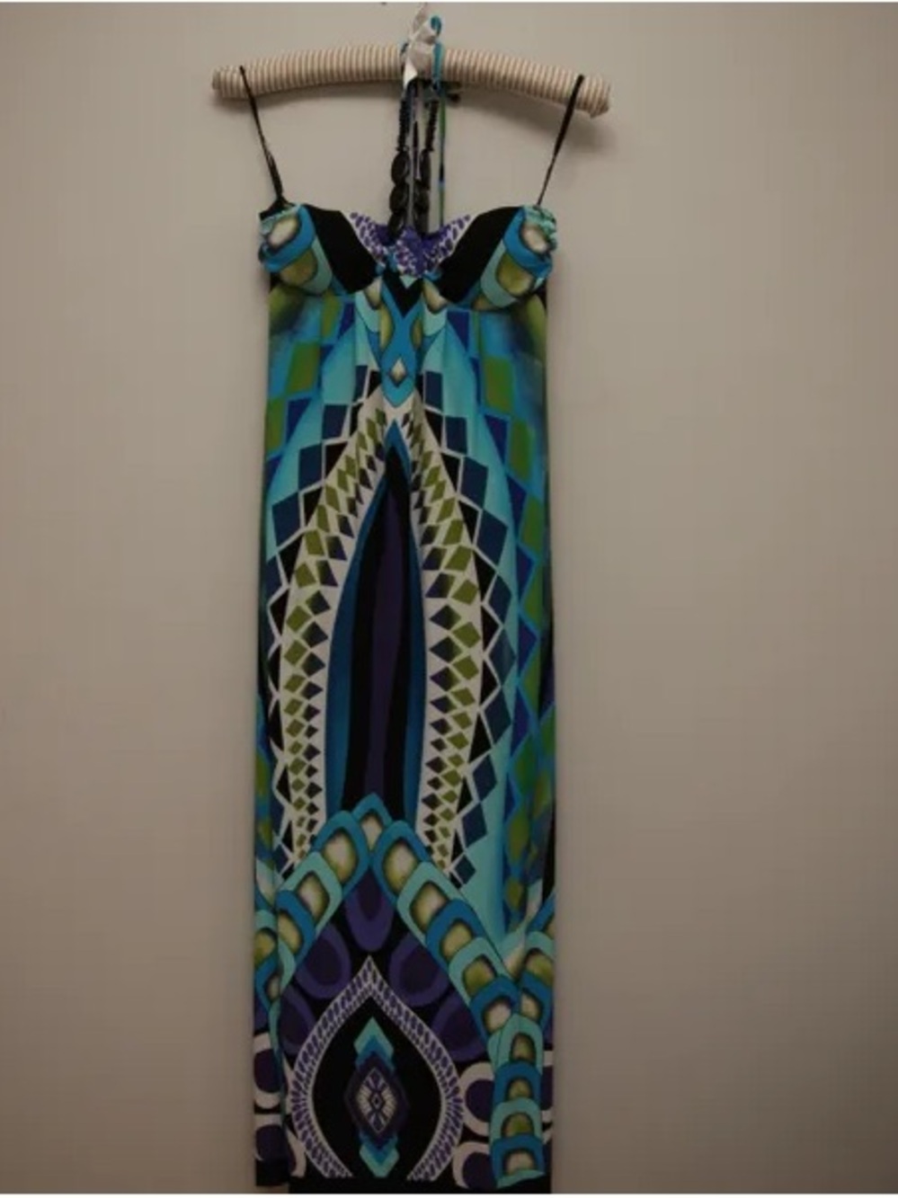 Valerie Bertinelli Strapless Geometric Maxi Dress in Teal, Blue & Green